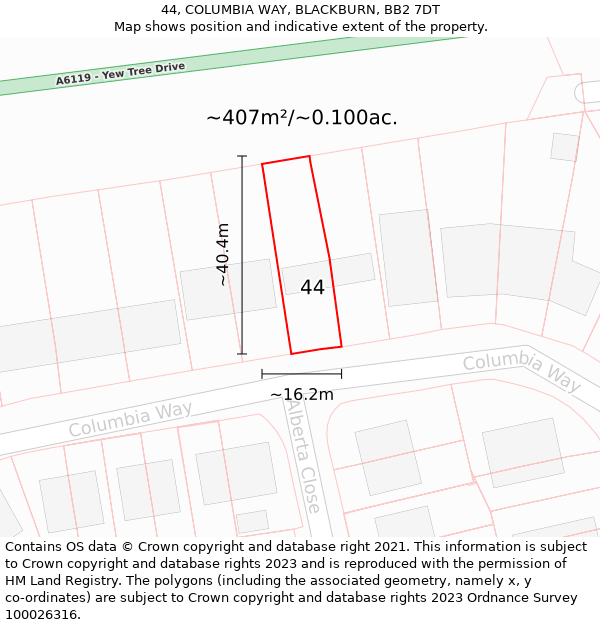 44, COLUMBIA WAY, BLACKBURN, BB2 7DT: Plot and title map