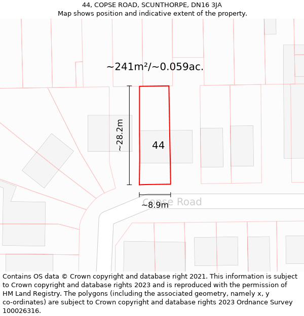 44, COPSE ROAD, SCUNTHORPE, DN16 3JA: Plot and title map