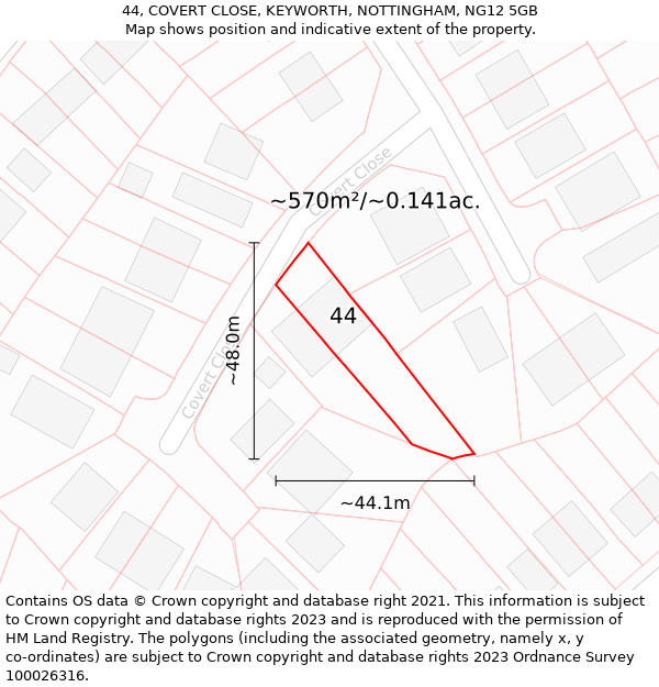44, COVERT CLOSE, KEYWORTH, NOTTINGHAM, NG12 5GB: Plot and title map