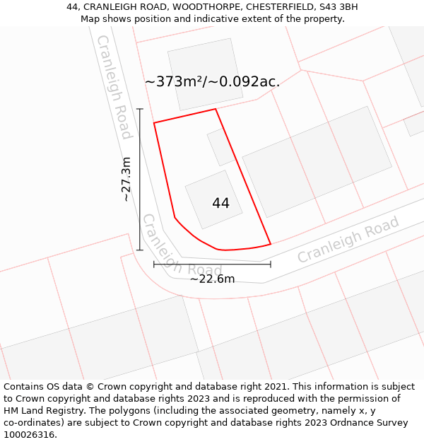 44, CRANLEIGH ROAD, WOODTHORPE, CHESTERFIELD, S43 3BH: Plot and title map