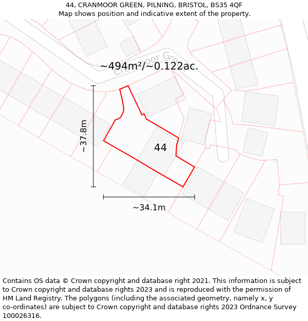 44, CRANMOOR GREEN, PILNING, BRISTOL, BS35 4QF: Plot and title map