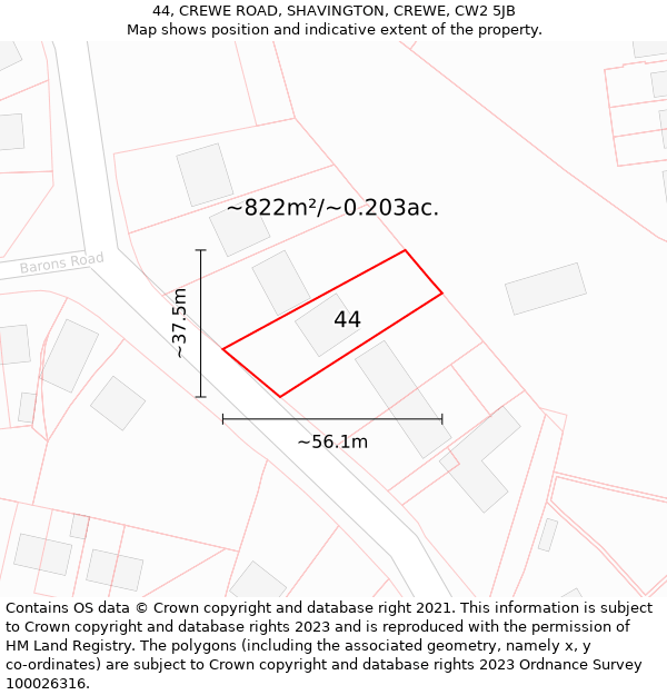 44, CREWE ROAD, SHAVINGTON, CREWE, CW2 5JB: Plot and title map