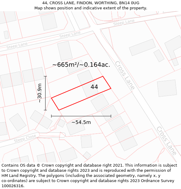 44, CROSS LANE, FINDON, WORTHING, BN14 0UG: Plot and title map