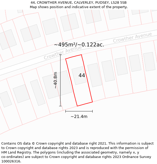 44, CROWTHER AVENUE, CALVERLEY, PUDSEY, LS28 5SB: Plot and title map