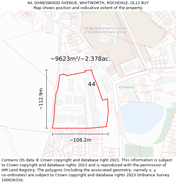 44, DANESWOOD AVENUE, WHITWORTH, ROCHDALE, OL12 8UY: Plot and title map