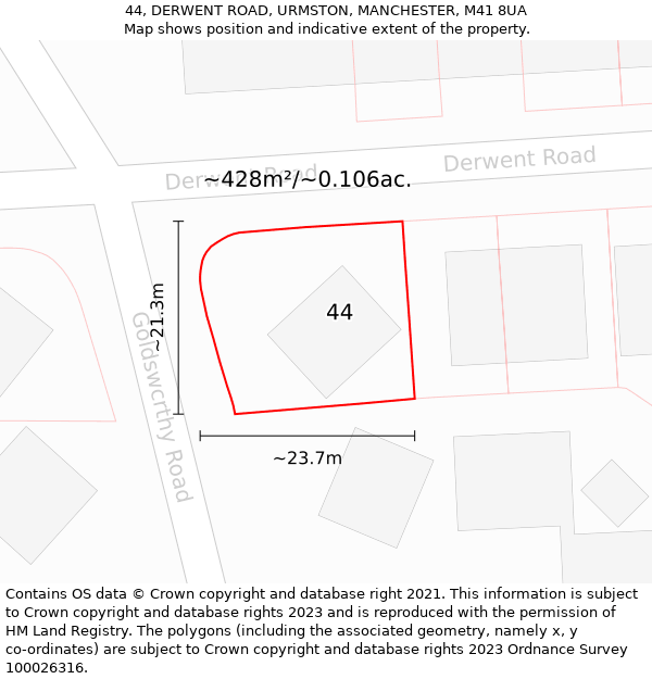 44, DERWENT ROAD, URMSTON, MANCHESTER, M41 8UA: Plot and title map