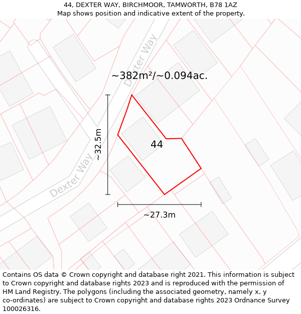 44, DEXTER WAY, BIRCHMOOR, TAMWORTH, B78 1AZ: Plot and title map