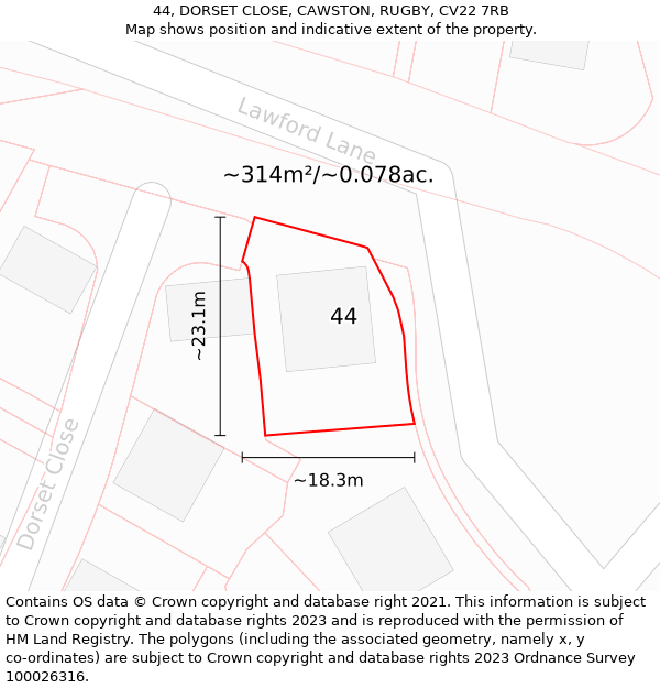 44, DORSET CLOSE, CAWSTON, RUGBY, CV22 7RB: Plot and title map