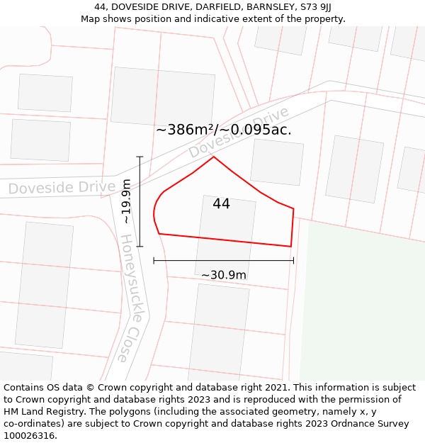 44, DOVESIDE DRIVE, DARFIELD, BARNSLEY, S73 9JJ: Plot and title map