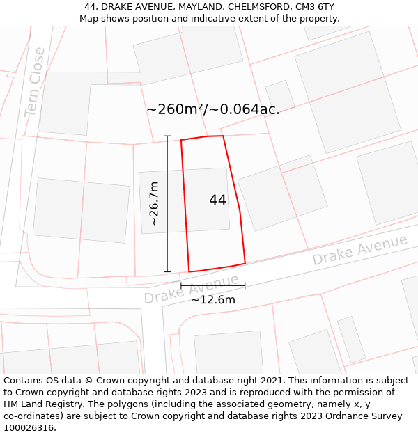 44, DRAKE AVENUE, MAYLAND, CHELMSFORD, CM3 6TY: Plot and title map