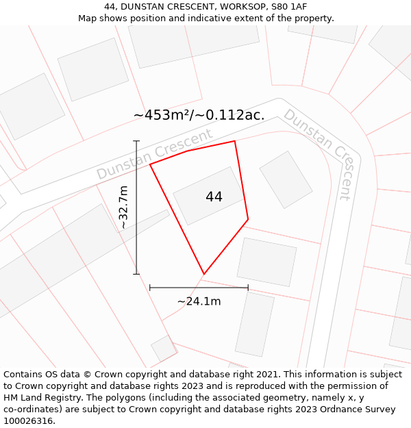 44, DUNSTAN CRESCENT, WORKSOP, S80 1AF: Plot and title map