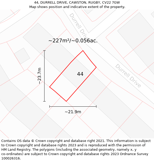 44, DURRELL DRIVE, CAWSTON, RUGBY, CV22 7GW: Plot and title map