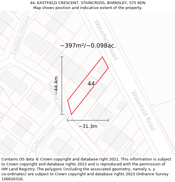 44, EASTFIELD CRESCENT, STAINCROSS, BARNSLEY, S75 6DN: Plot and title map