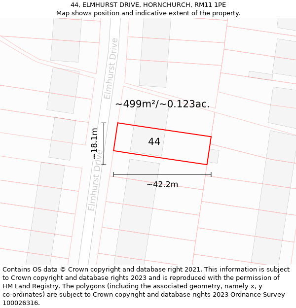 44, ELMHURST DRIVE, HORNCHURCH, RM11 1PE: Plot and title map