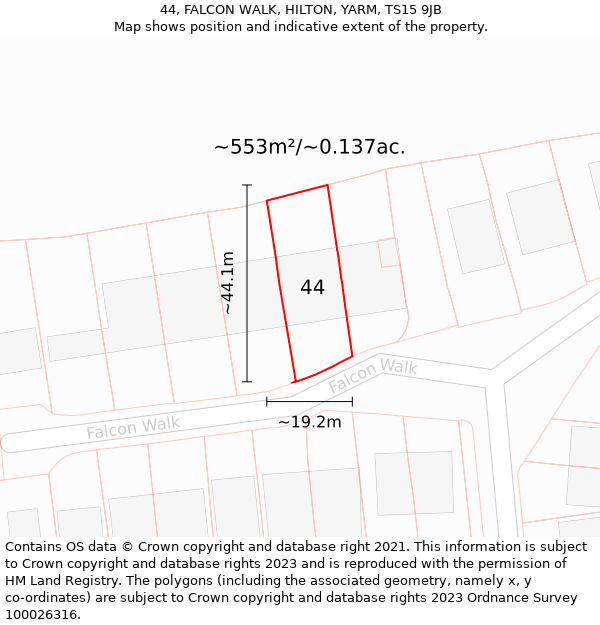 44, FALCON WALK, HILTON, YARM, TS15 9JB: Plot and title map