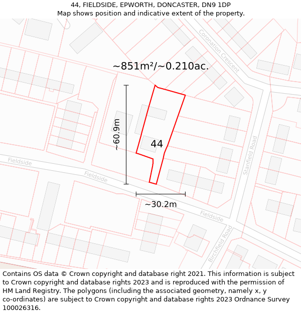 44, FIELDSIDE, EPWORTH, DONCASTER, DN9 1DP: Plot and title map