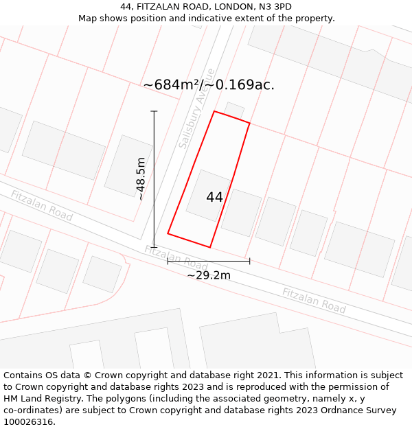 44, FITZALAN ROAD, LONDON, N3 3PD: Plot and title map