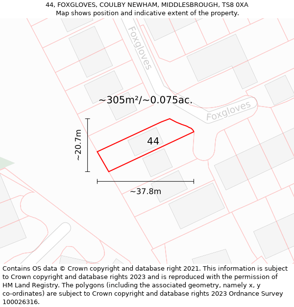 44, FOXGLOVES, COULBY NEWHAM, MIDDLESBROUGH, TS8 0XA: Plot and title map