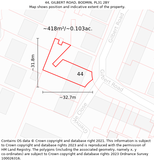 44, GILBERT ROAD, BODMIN, PL31 2BY: Plot and title map