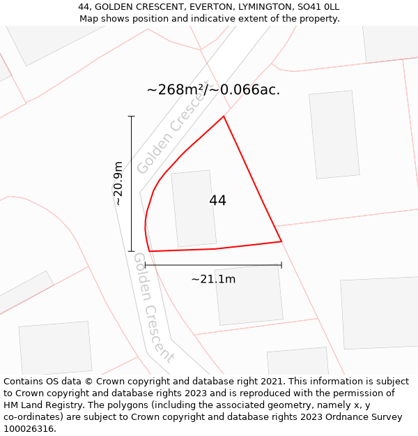 44, GOLDEN CRESCENT, EVERTON, LYMINGTON, SO41 0LL: Plot and title map