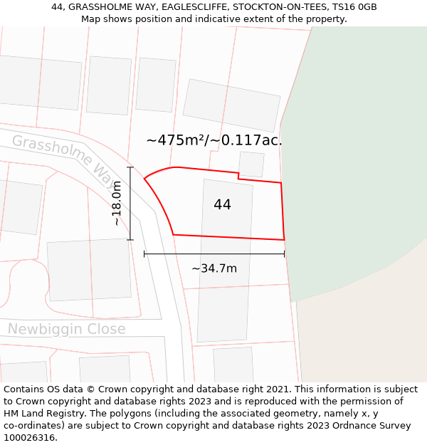 44, GRASSHOLME WAY, EAGLESCLIFFE, STOCKTON-ON-TEES, TS16 0GB: Plot and title map