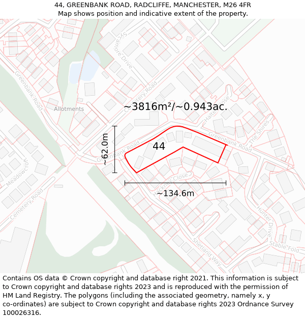 44, GREENBANK ROAD, RADCLIFFE, MANCHESTER, M26 4FR: Plot and title map