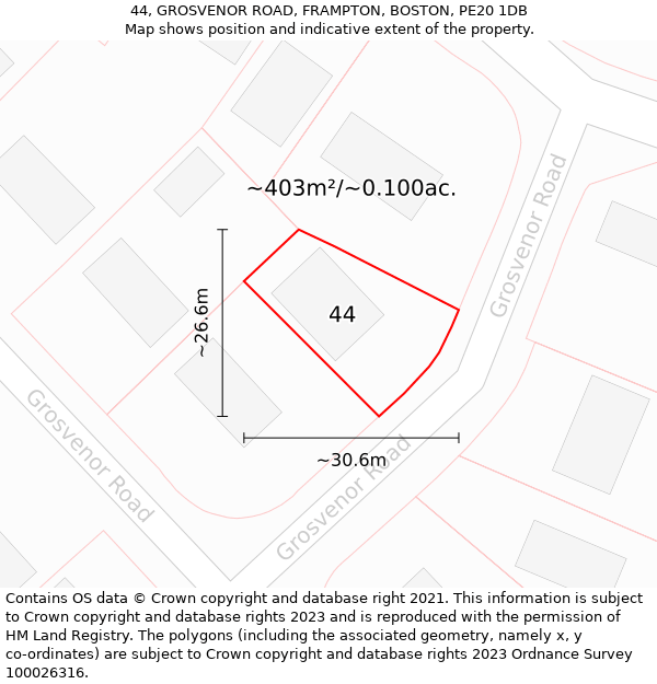 44, GROSVENOR ROAD, FRAMPTON, BOSTON, PE20 1DB: Plot and title map