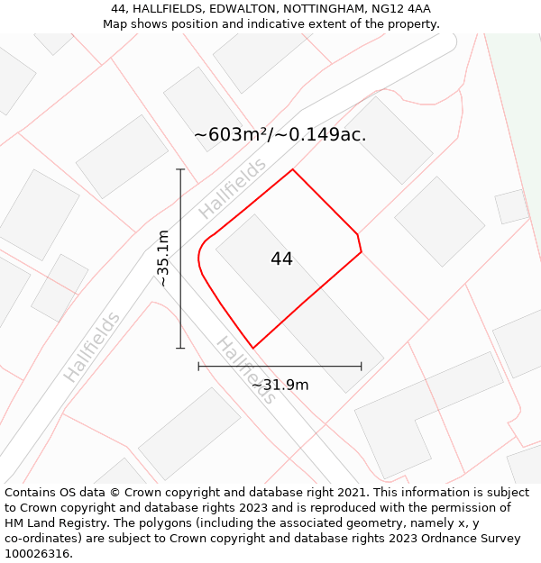 44, HALLFIELDS, EDWALTON, NOTTINGHAM, NG12 4AA: Plot and title map