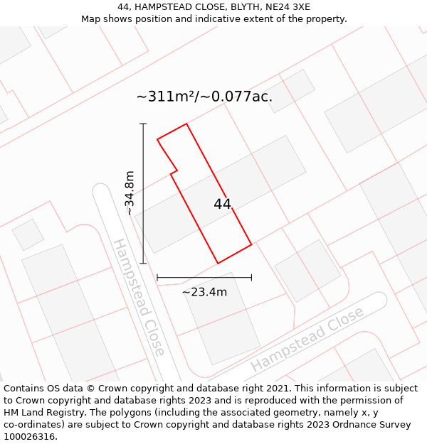 44, HAMPSTEAD CLOSE, BLYTH, NE24 3XE: Plot and title map