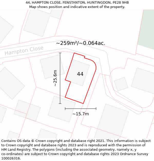 44, HAMPTON CLOSE, FENSTANTON, HUNTINGDON, PE28 9HB: Plot and title map