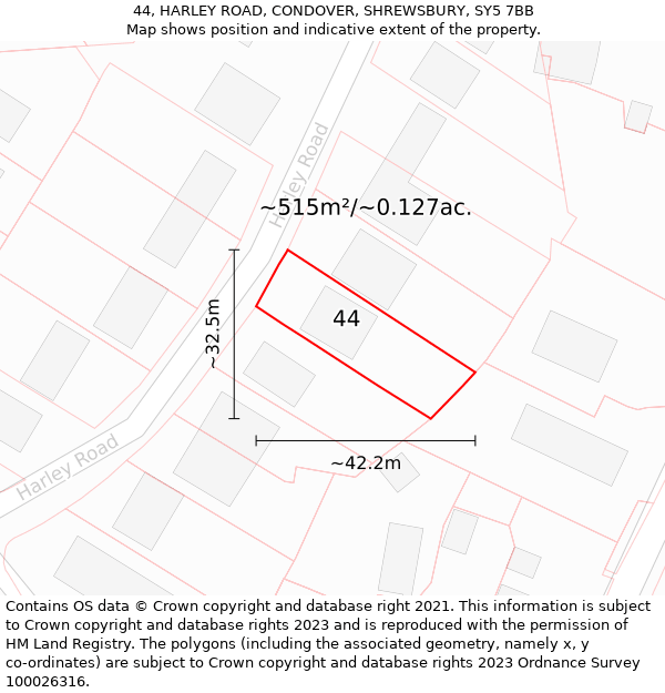 44, HARLEY ROAD, CONDOVER, SHREWSBURY, SY5 7BB: Plot and title map