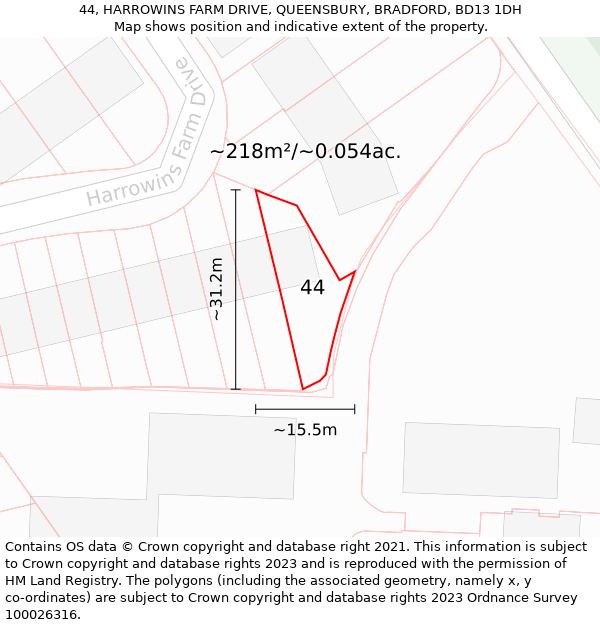 44, HARROWINS FARM DRIVE, QUEENSBURY, BRADFORD, BD13 1DH: Plot and title map