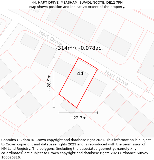 44, HART DRIVE, MEASHAM, SWADLINCOTE, DE12 7PH: Plot and title map