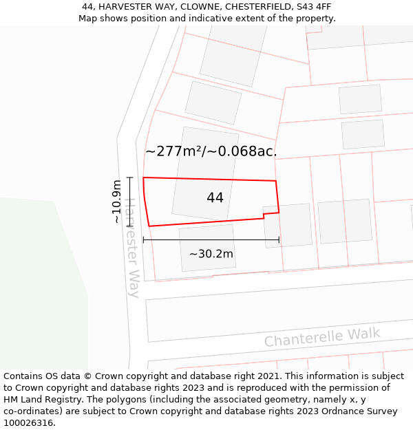 44, HARVESTER WAY, CLOWNE, CHESTERFIELD, S43 4FF: Plot and title map