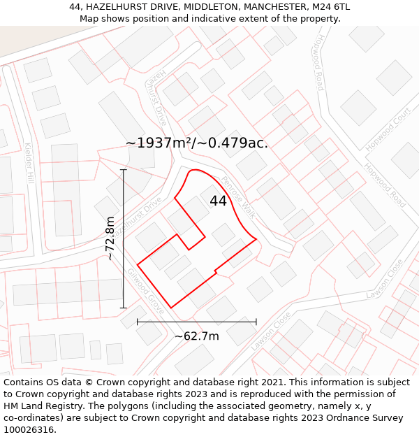 44, HAZELHURST DRIVE, MIDDLETON, MANCHESTER, M24 6TL: Plot and title map