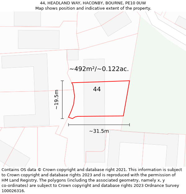 44, HEADLAND WAY, HACONBY, BOURNE, PE10 0UW: Plot and title map