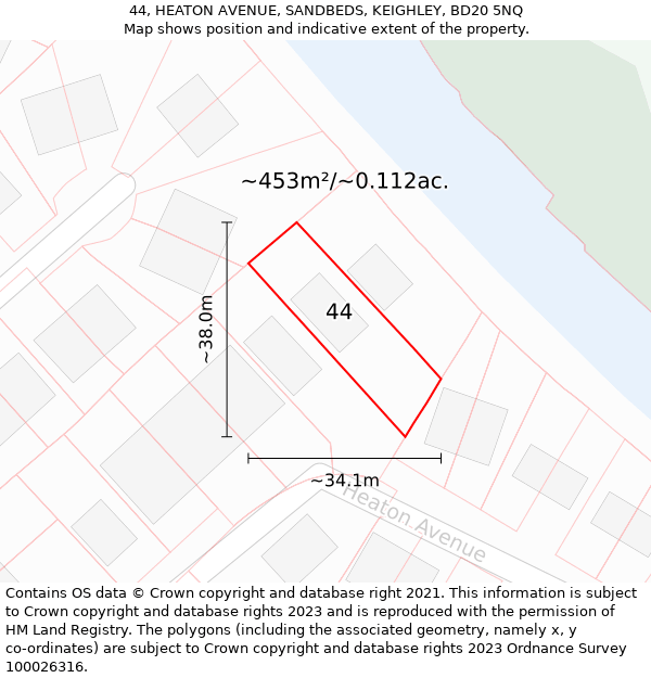 44, HEATON AVENUE, SANDBEDS, KEIGHLEY, BD20 5NQ: Plot and title map