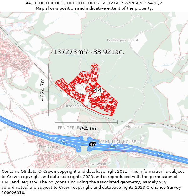 44, HEOL TIRCOED, TIRCOED FOREST VILLAGE, SWANSEA, SA4 9QZ: Plot and title map