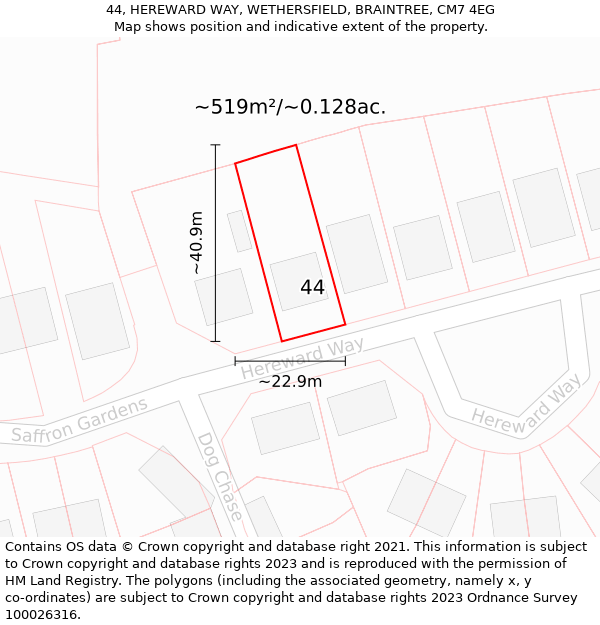 44, HEREWARD WAY, WETHERSFIELD, BRAINTREE, CM7 4EG: Plot and title map