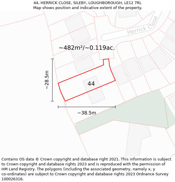 44, HERRICK CLOSE, SILEBY, LOUGHBOROUGH, LE12 7RL: Plot and title map