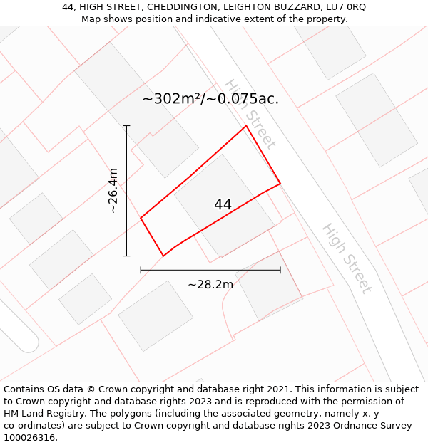 44, HIGH STREET, CHEDDINGTON, LEIGHTON BUZZARD, LU7 0RQ: Plot and title map