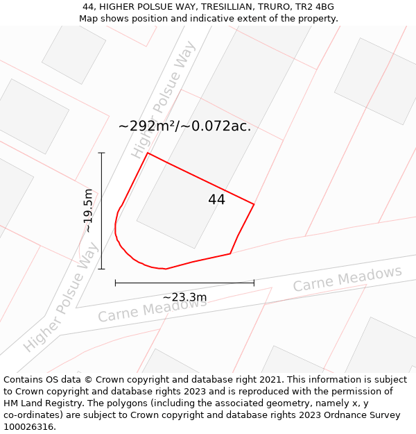 44, HIGHER POLSUE WAY, TRESILLIAN, TRURO, TR2 4BG: Plot and title map