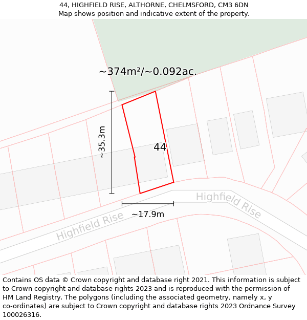 44, HIGHFIELD RISE, ALTHORNE, CHELMSFORD, CM3 6DN: Plot and title map