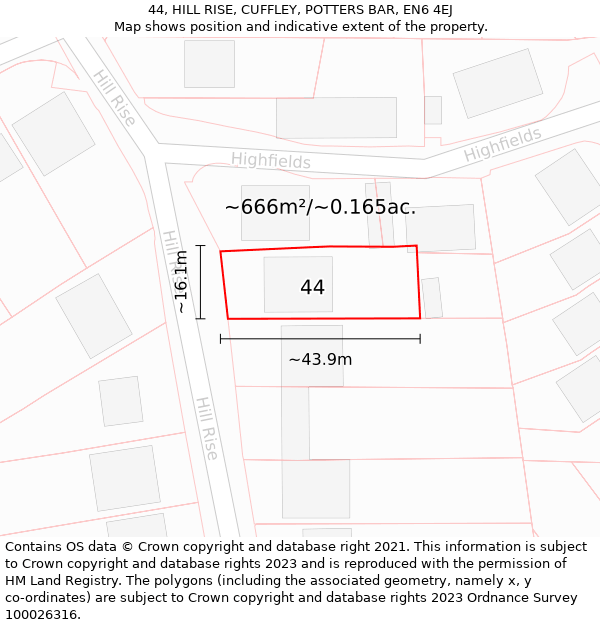 44, HILL RISE, CUFFLEY, POTTERS BAR, EN6 4EJ: Plot and title map