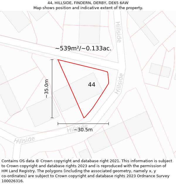 44, HILLSIDE, FINDERN, DERBY, DE65 6AW: Plot and title map