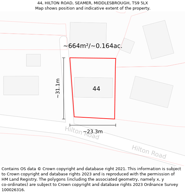 44, HILTON ROAD, SEAMER, MIDDLESBROUGH, TS9 5LX: Plot and title map