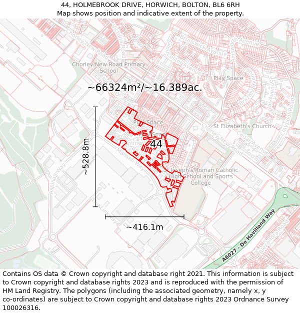 44, HOLMEBROOK DRIVE, HORWICH, BOLTON, BL6 6RH: Plot and title map