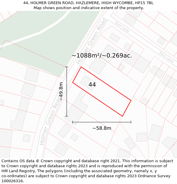 44, HOLMER GREEN ROAD, HAZLEMERE, HIGH WYCOMBE, HP15 7BL: Plot and title map