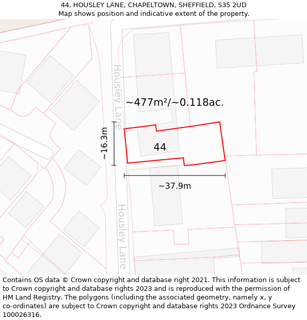 44, HOUSLEY LANE, CHAPELTOWN, SHEFFIELD, S35 2UD: Plot and title map