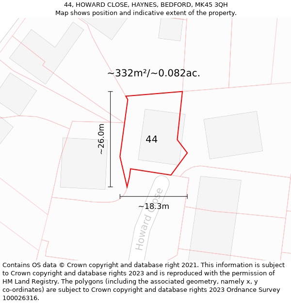 44, HOWARD CLOSE, HAYNES, BEDFORD, MK45 3QH: Plot and title map